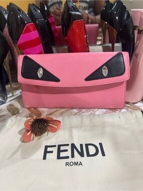 Fendi Monster Pink Leather Wallet with Black Eye-Detail Accents
